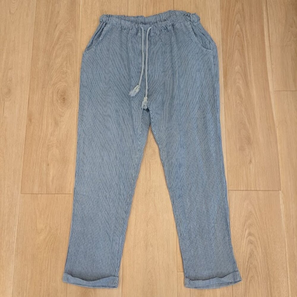 Meo Meli Linen Made In Italy Pants Women Size M? Blue Stripe Pull On Drawstring